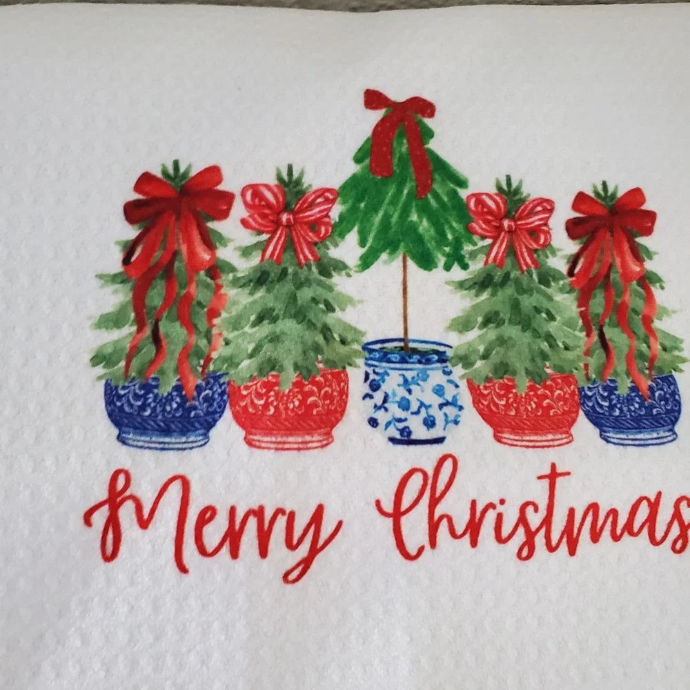Christmas Waffle Weave Hand Towels Set of 2 Chinoiserie Trees Wreath White Red